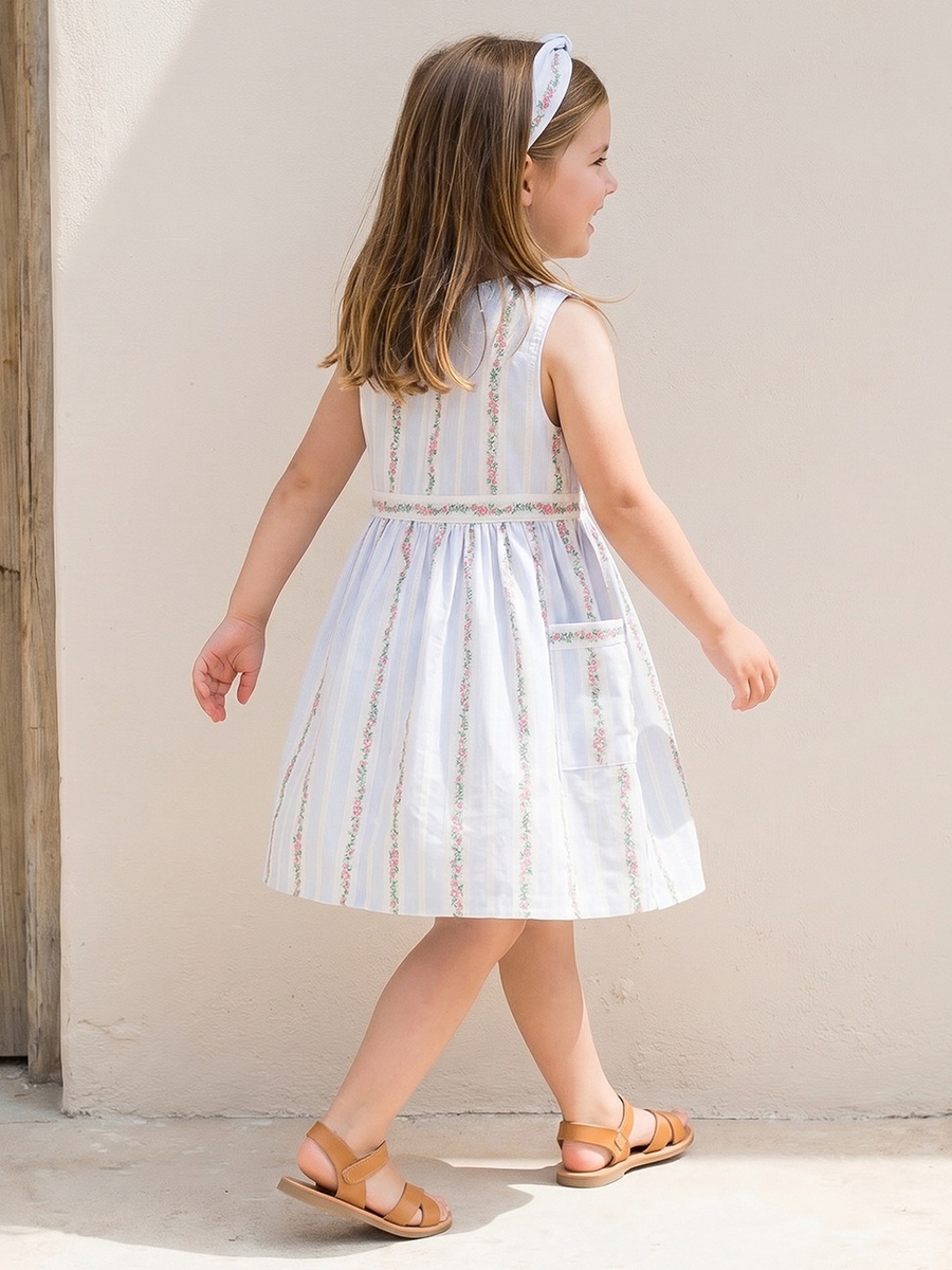 Round Neck Sleeveless Knee Length A-Line Dress with Floral Embroidery