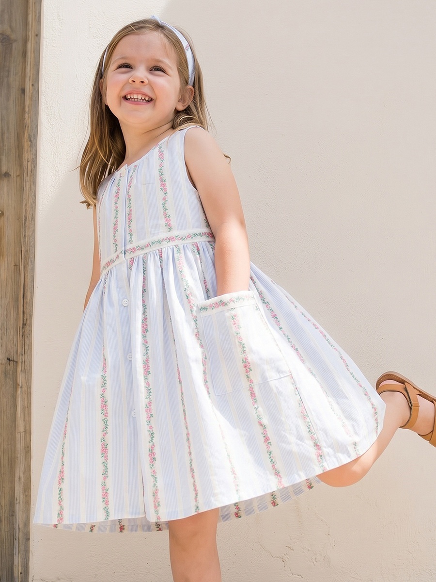 Round Neck Sleeveless Knee Length A-Line Dress with Floral Embroidery
