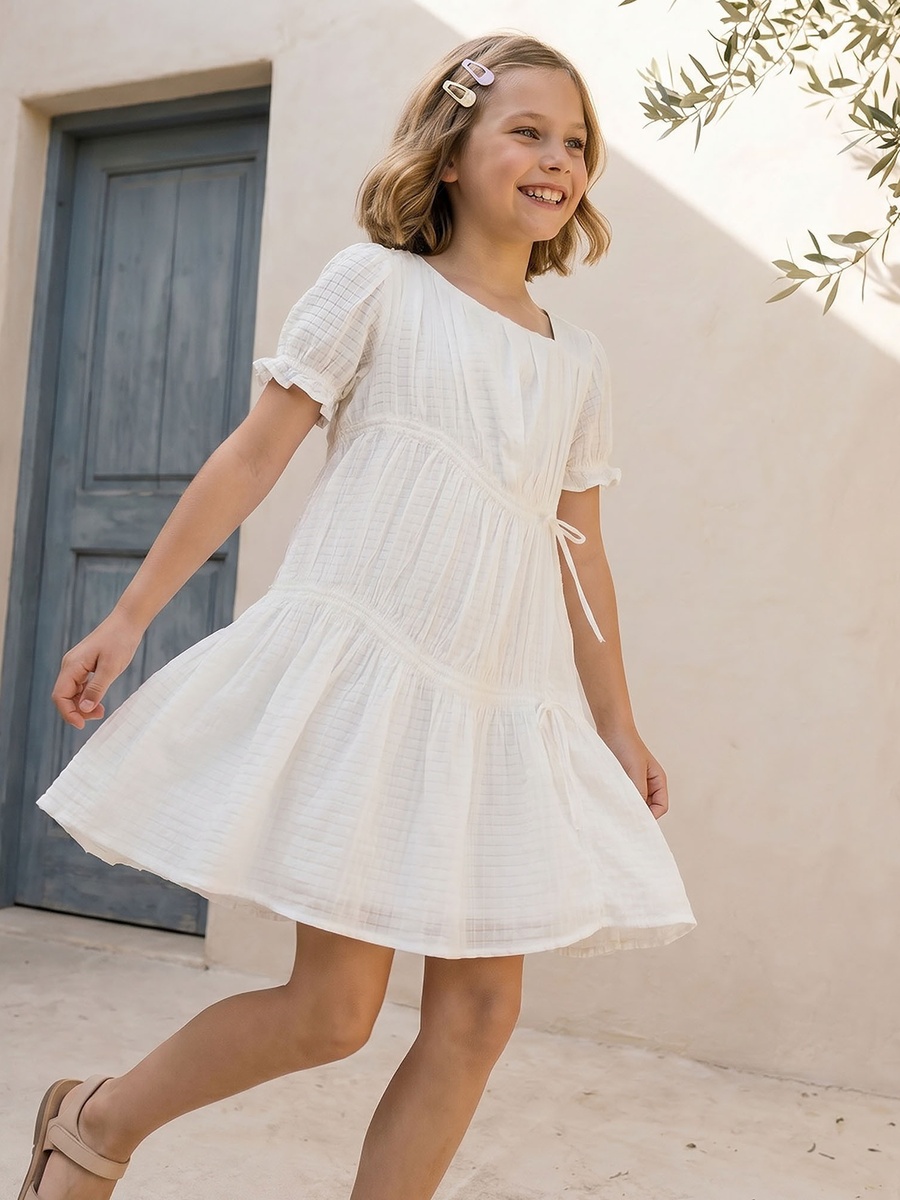 Asymmetric Neck Short Sleeves Knee Length Dress with Texture