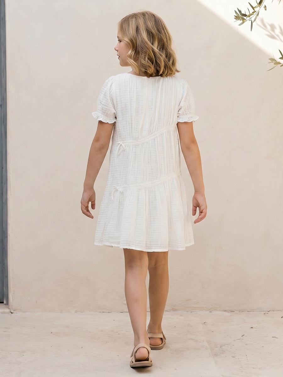 Asymmetric Neck Short Sleeves Knee Length Dress with Texture