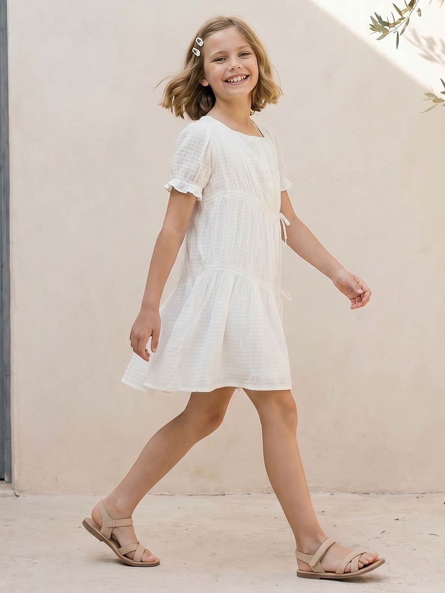Asymmetric Neck Short Sleeves Knee Length Dress with Texture