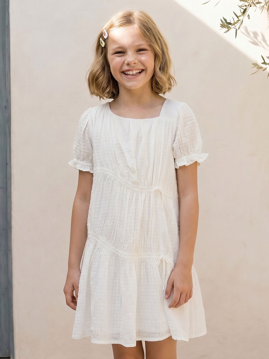 Asymmetric Neck Short Sleeves Knee Length Dress with Texture