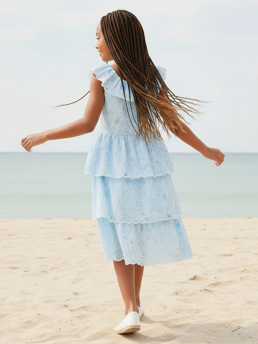 Round Neck Sleeveless Knee Length Tiered Dress with Schiffli Embroidery