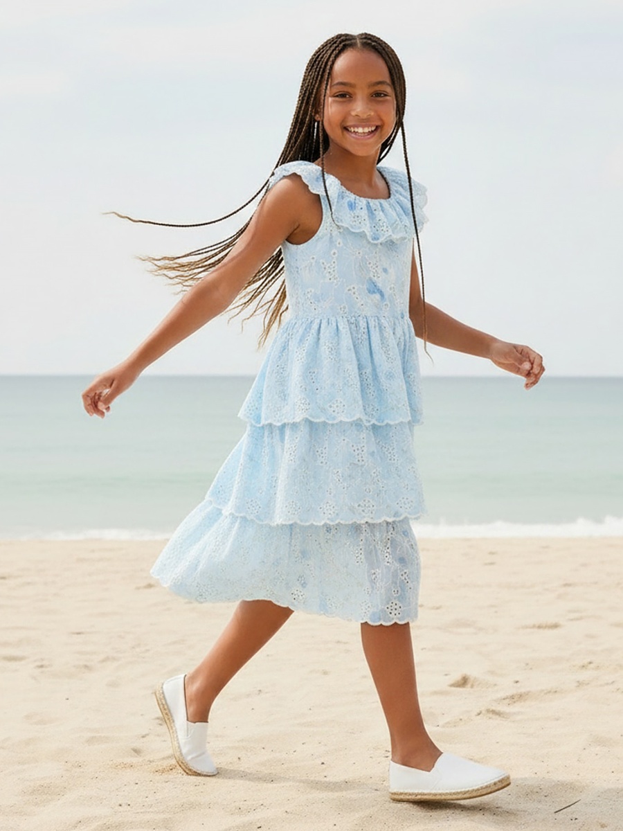 Round Neck Sleeveless Knee Length Tiered Dress with Schiffli Embroidery