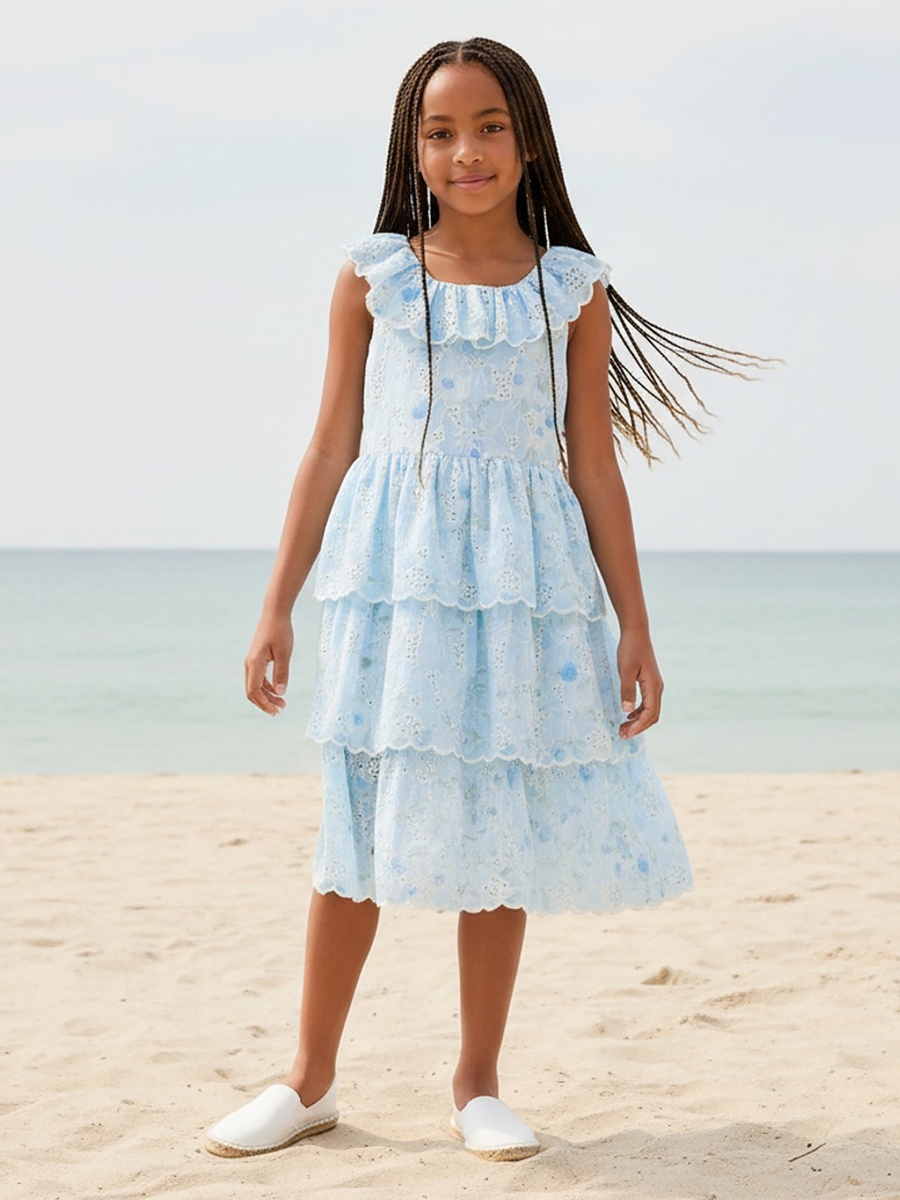 Round Neck Sleeveless Knee Length Tiered Dress with Schiffli Embroidery