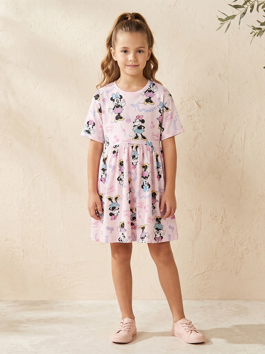 Round Neck Short Sleeves Knee Length Dress with Minnie Mouse Print