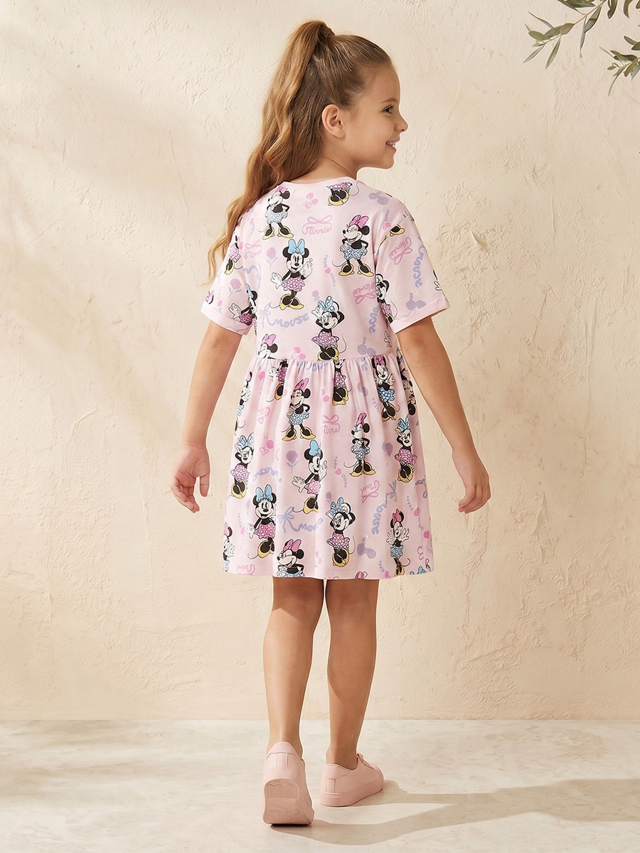 Round Neck Short Sleeves Knee Length Dress with Minnie Mouse Print