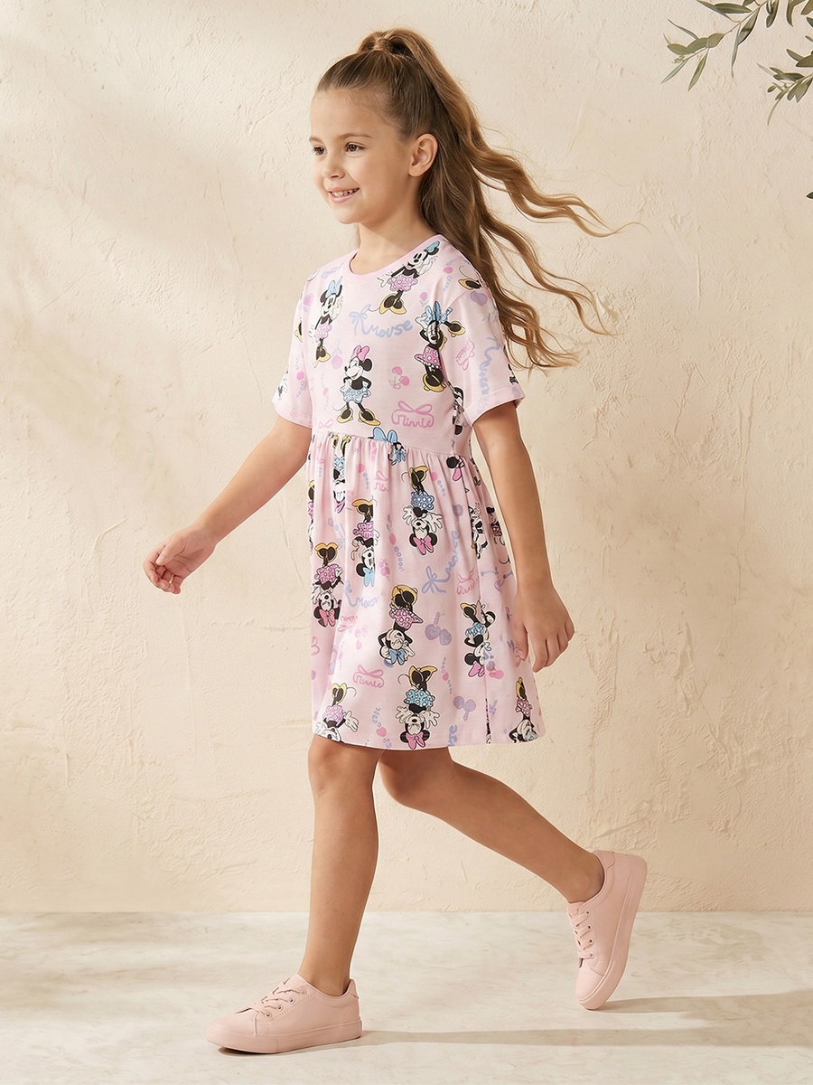 Round Neck Short Sleeves Knee Length Dress with Minnie Mouse Print
