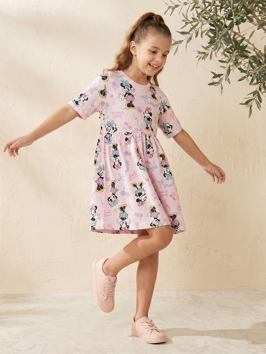 Round Neck Short Sleeves Knee Length Dress with Minnie Mouse Print
