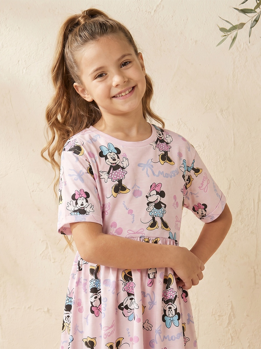 Round Neck Short Sleeves Knee Length Dress with Minnie Mouse Print