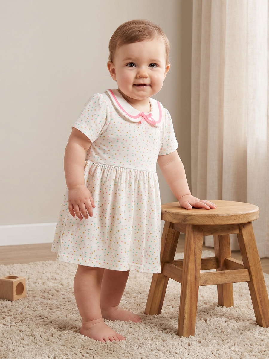 Peter Pan Collar Short Sleeves Knee Length A-Line Dress with Polka Dot Print