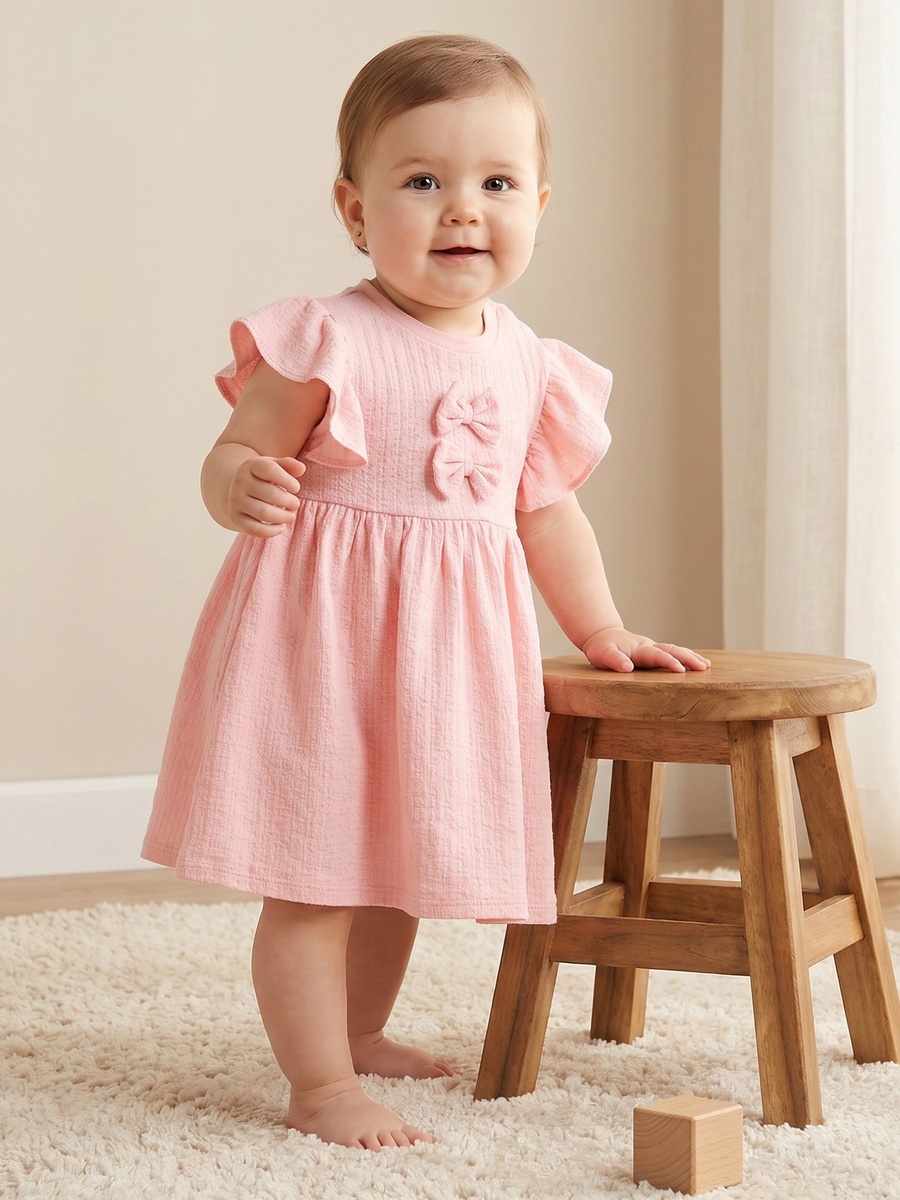 Round Neck Short Sleeves Knee Length Dress with Bow Detail