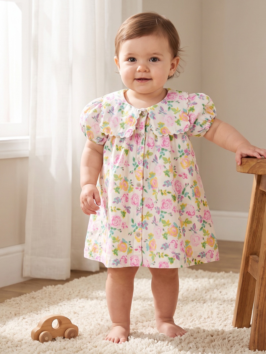 Sailor Collar Short Sleeves Knee Length Dress with Floral Print