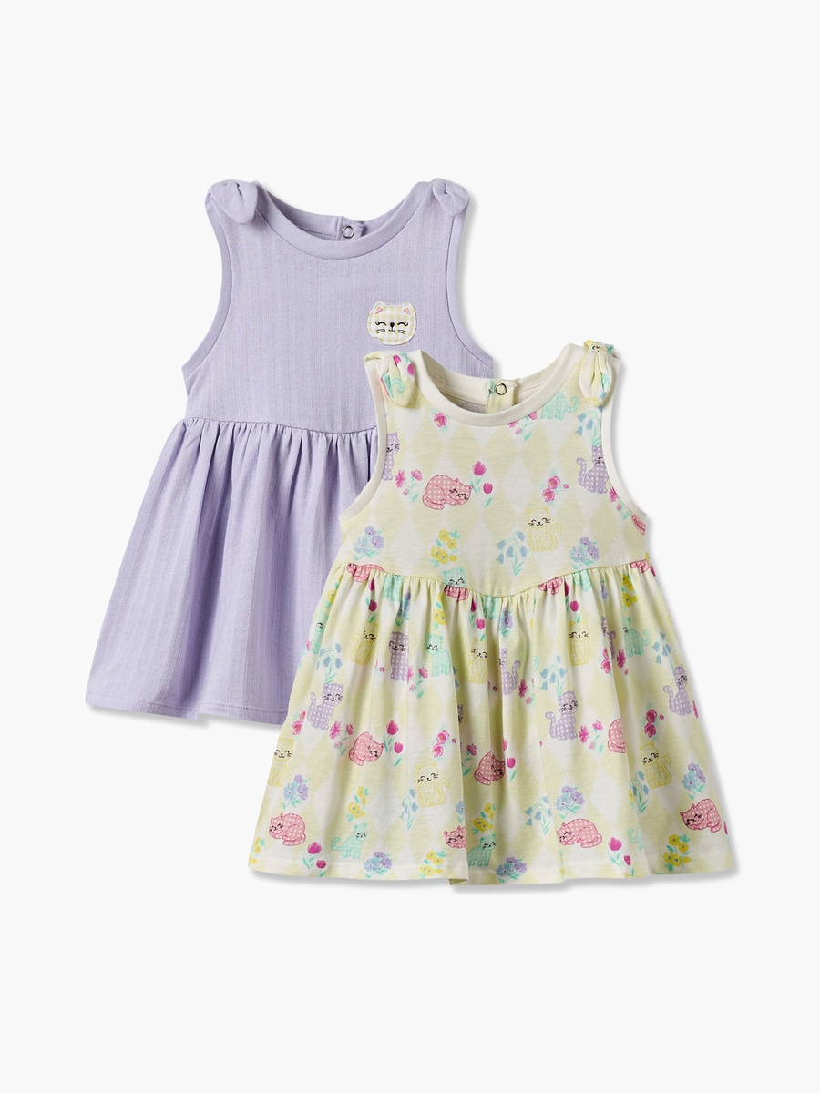 Pack of 2 Round Neck Sleeveless Knee Length A-Line Dress with Assorted Print