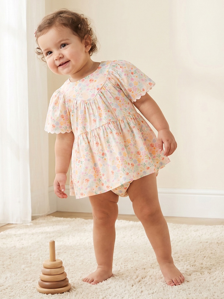 Round Neck Short Sleeves Knee Length A-Line Dress with Bloomers