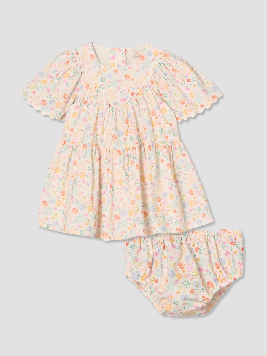 Round Neck Short Sleeves Knee Length A-Line Dress with Bloomers
