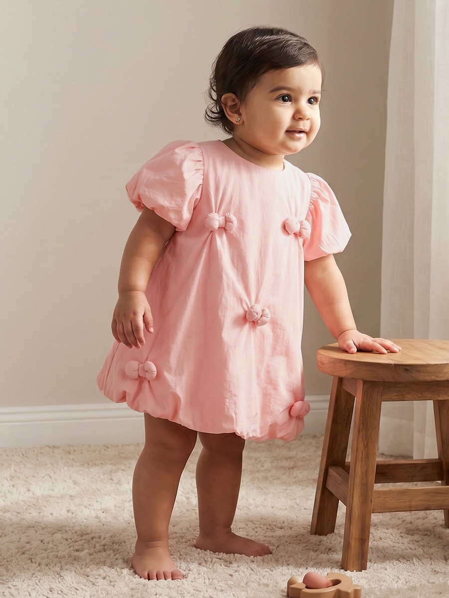 Round Neck Short Sleeves Knee Length A-Line Dress with Bow Detail