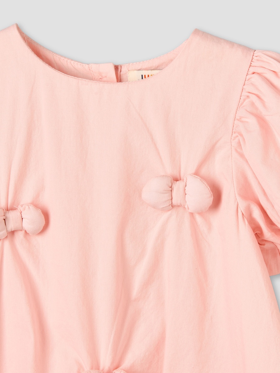 Round Neck Short Sleeves Knee Length A-Line Dress with Bow Detail