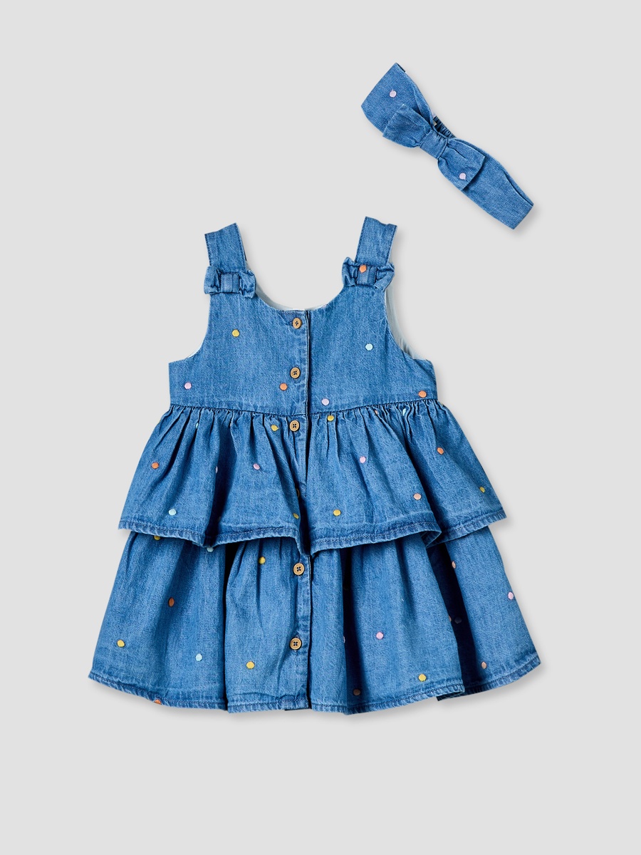 Round Neck Sleeveless Knee Length Denim Dress with Headband