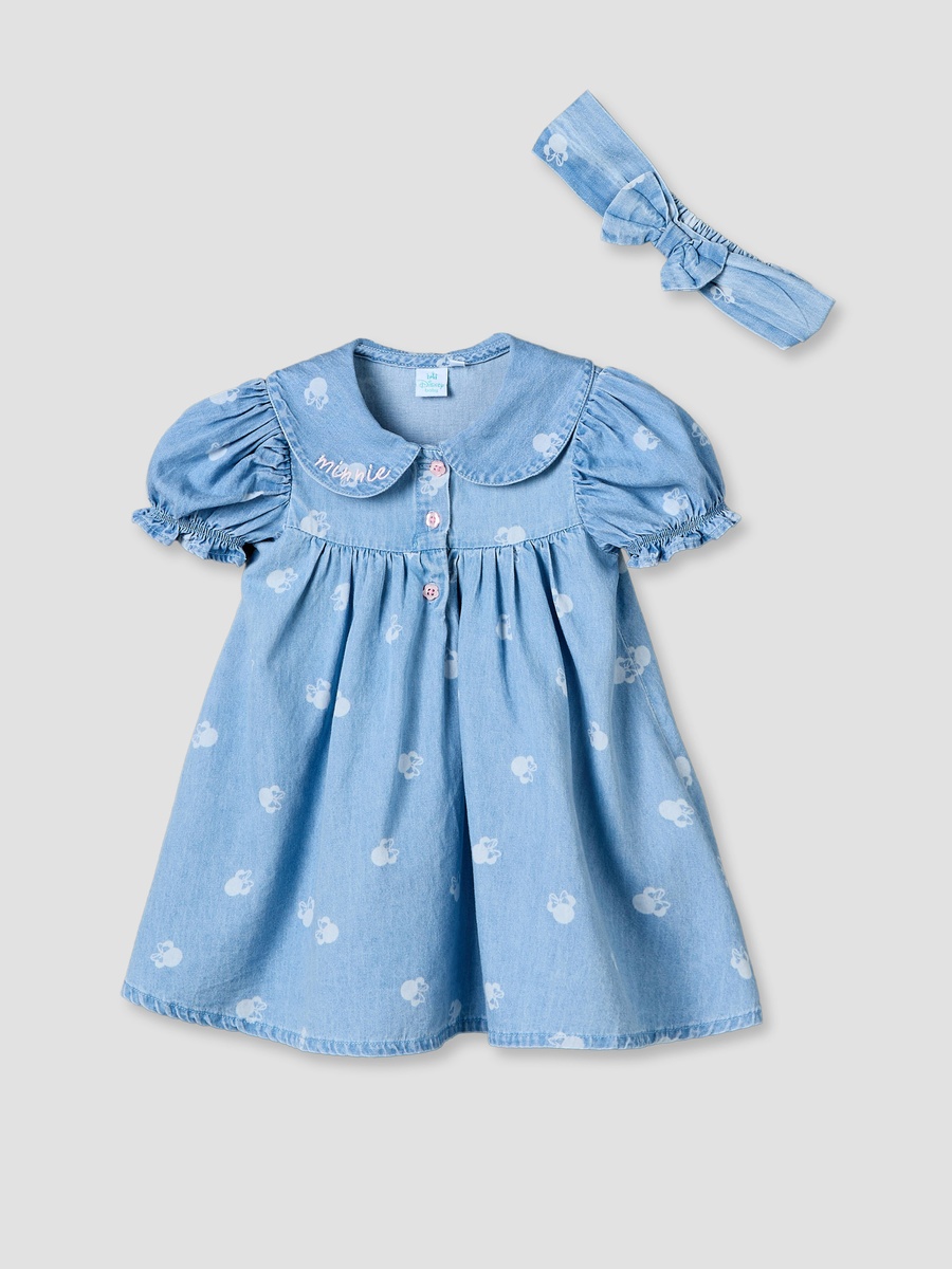 Peter Pan Collar Short Sleeves Knee Length Dress with Minnie Mouse Print