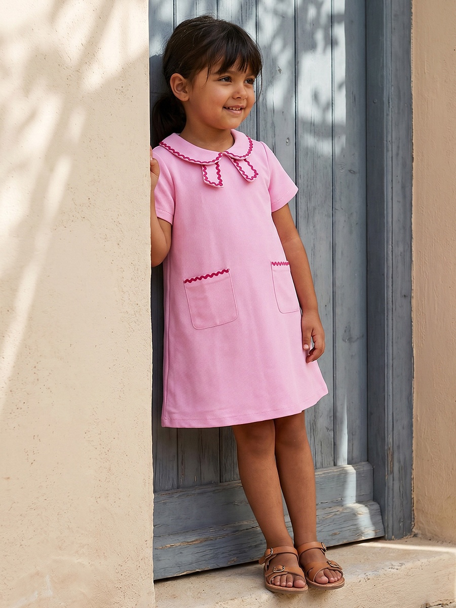 Peter Pan Collar Short Sleeves Knee Length A-Line Dress with Pockets