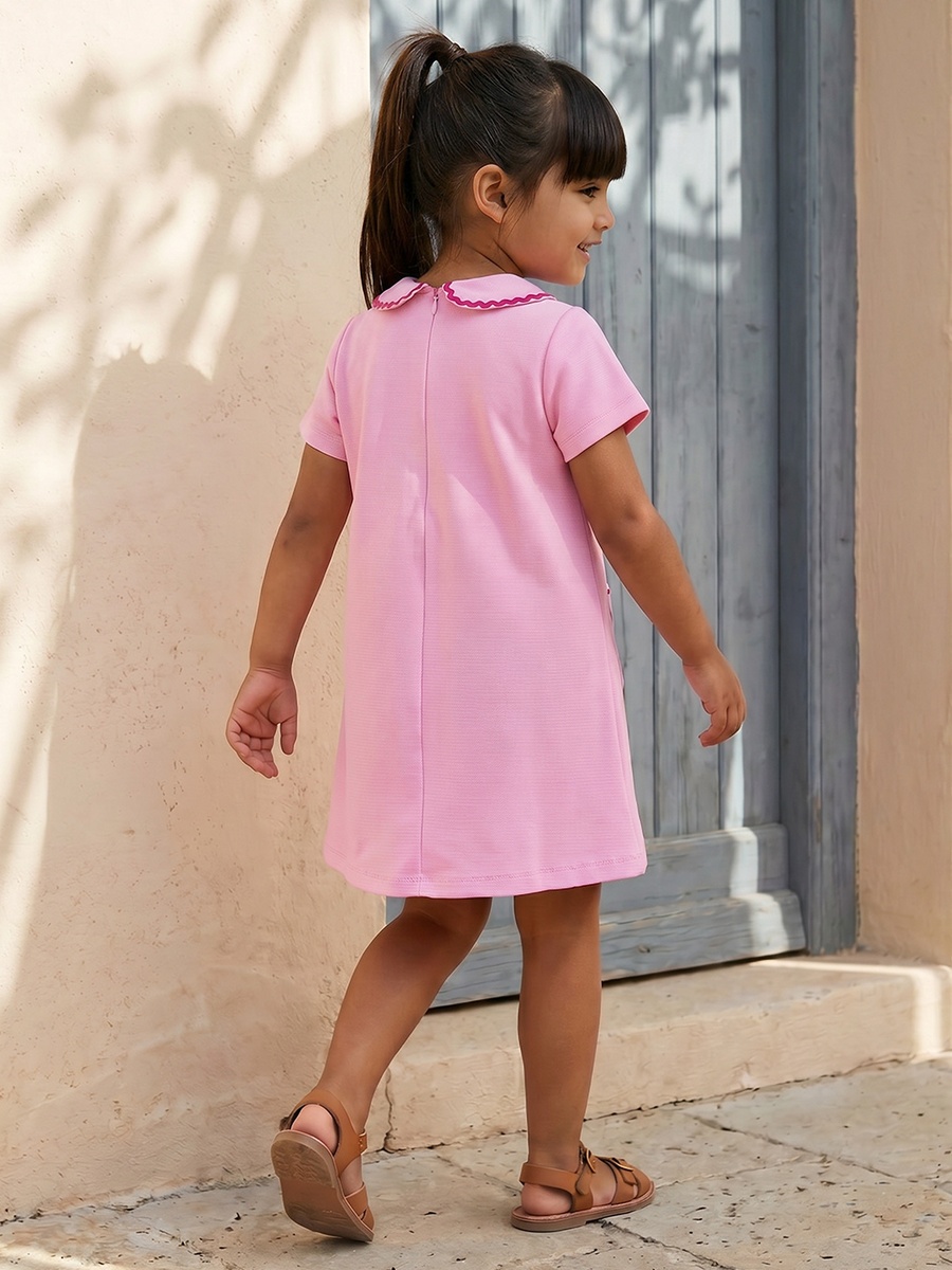 Peter Pan Collar Short Sleeves Knee Length A-Line Dress with Pockets