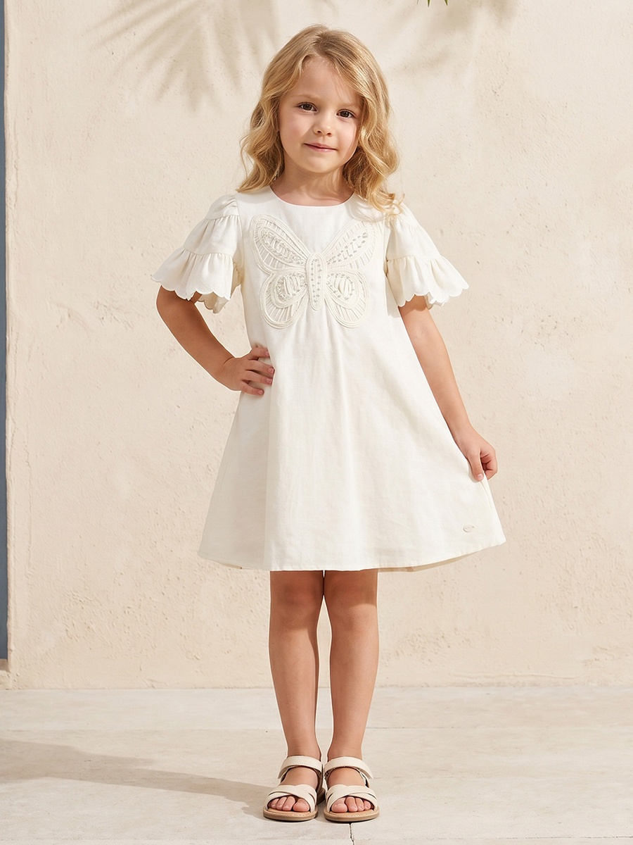 Round Neck Short Sleeves Knee Length A-Line Dress with Butterfly Applique