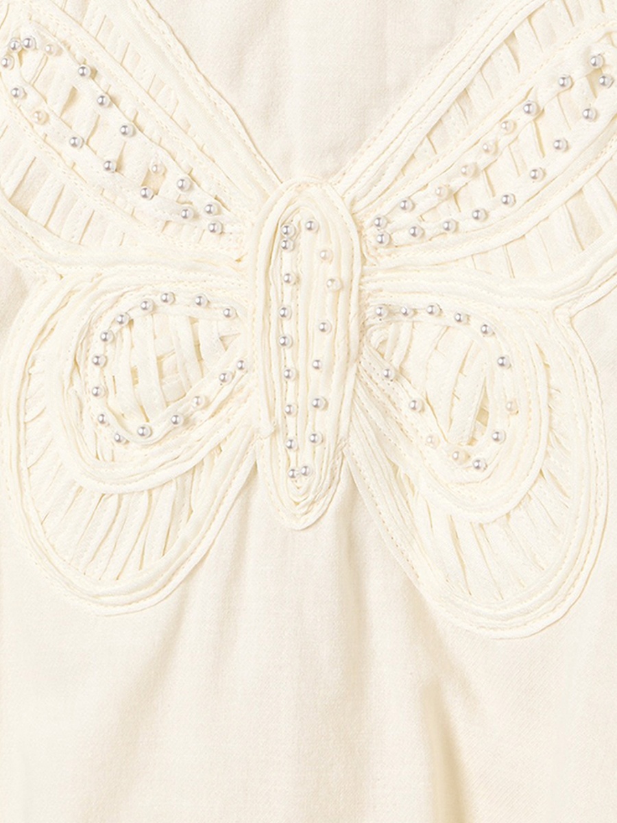 Round Neck Short Sleeves Knee Length A-Line Dress with Butterfly Applique
