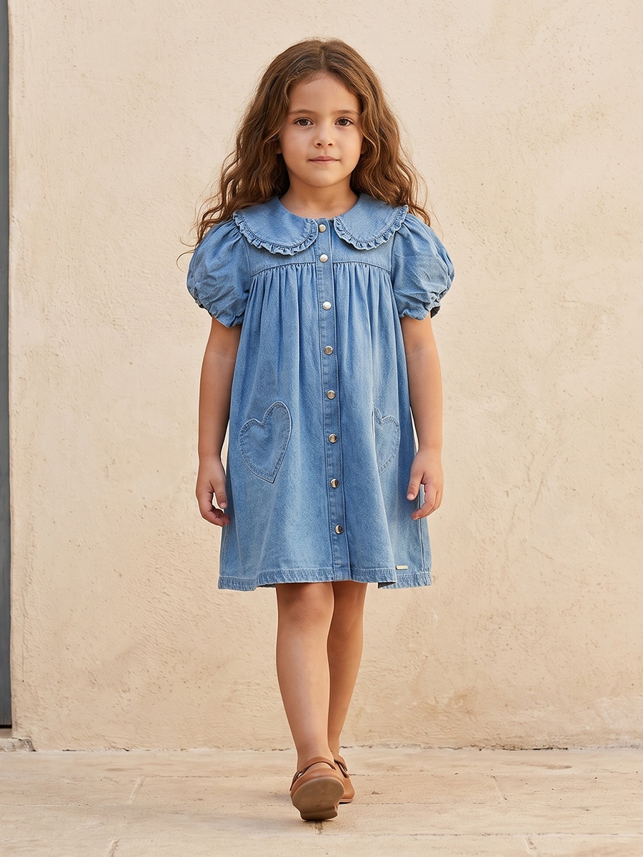 Peter Pan Collar Short Sleeves Knee Length Denim Dress with Heart Pockets