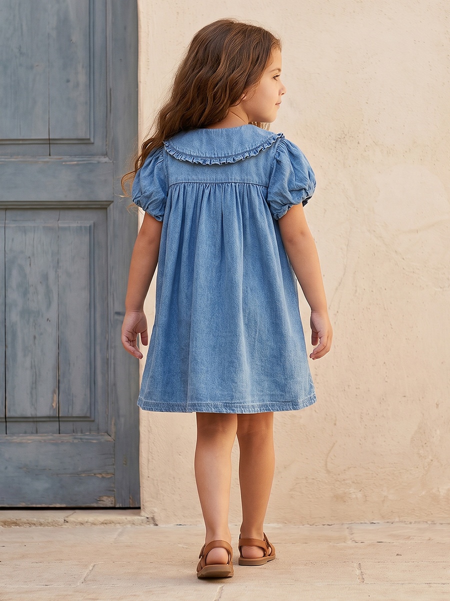 Peter Pan Collar Short Sleeves Knee Length Denim Dress with Heart Pockets