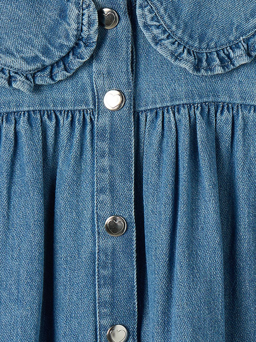 Peter Pan Collar Short Sleeves Knee Length Denim Dress with Heart Pockets