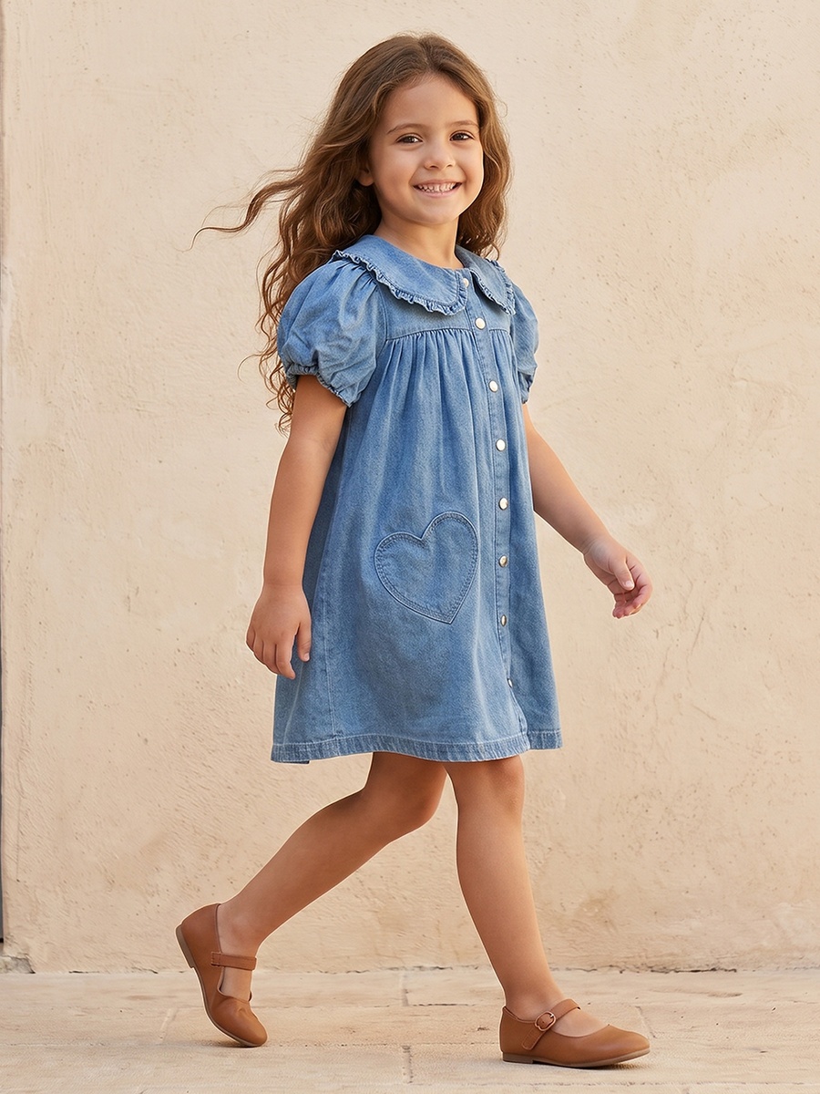 Peter Pan Collar Short Sleeves Knee Length Denim Dress with Heart Pockets