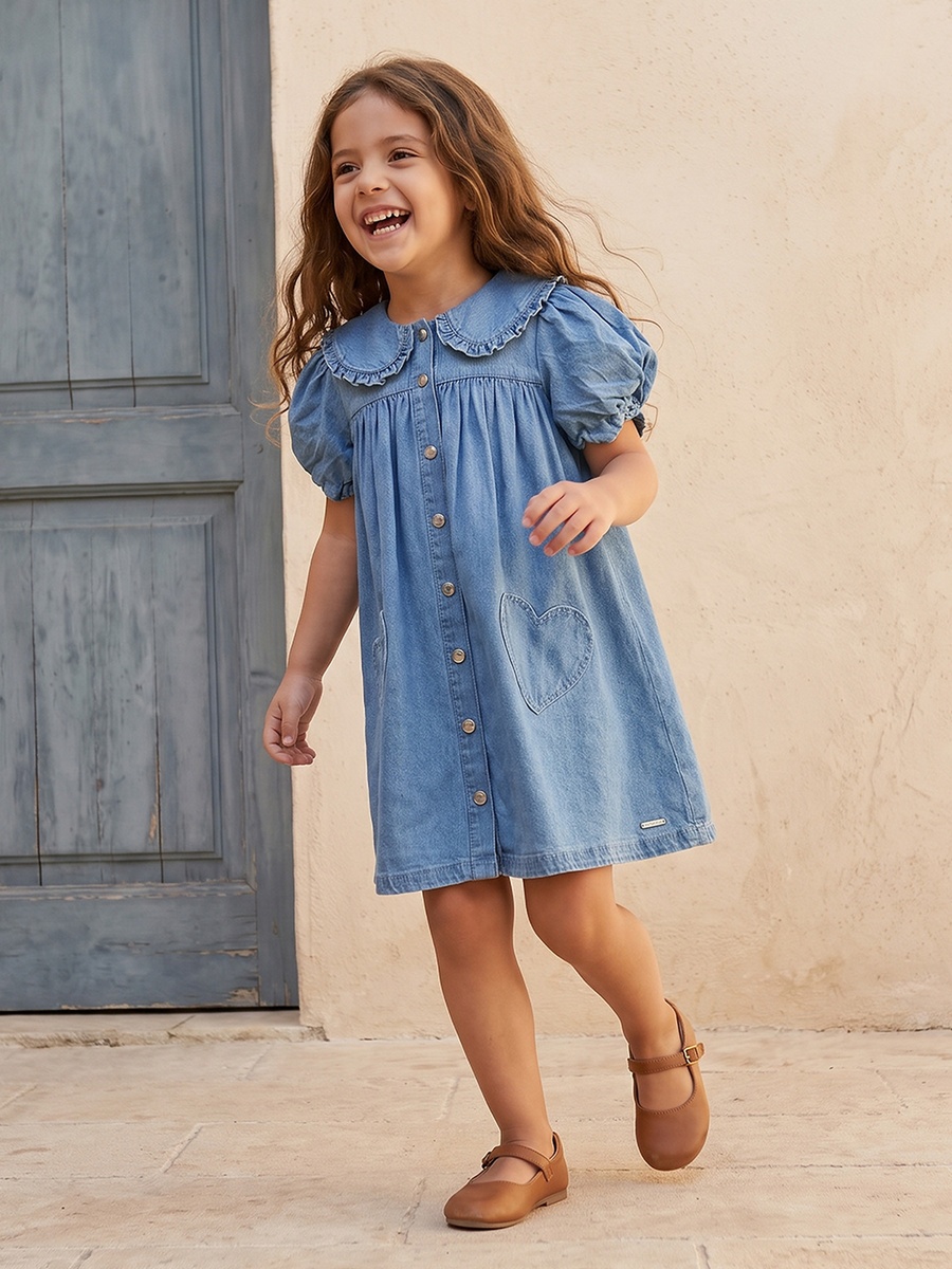 Peter Pan Collar Short Sleeves Knee Length Denim Dress with Heart Pockets