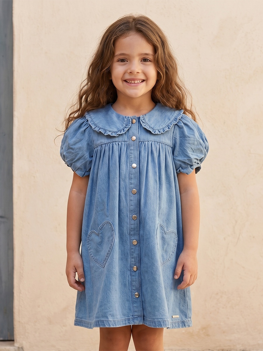 Peter Pan Collar Short Sleeves Knee Length Denim Dress with Heart Pockets