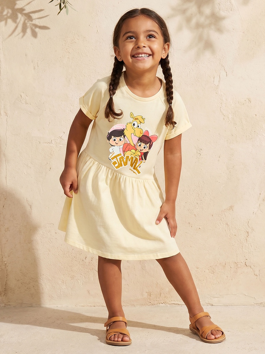 Round Neck Short Sleeves Knee Length A-Line Dress with Jamal the Camel Print
