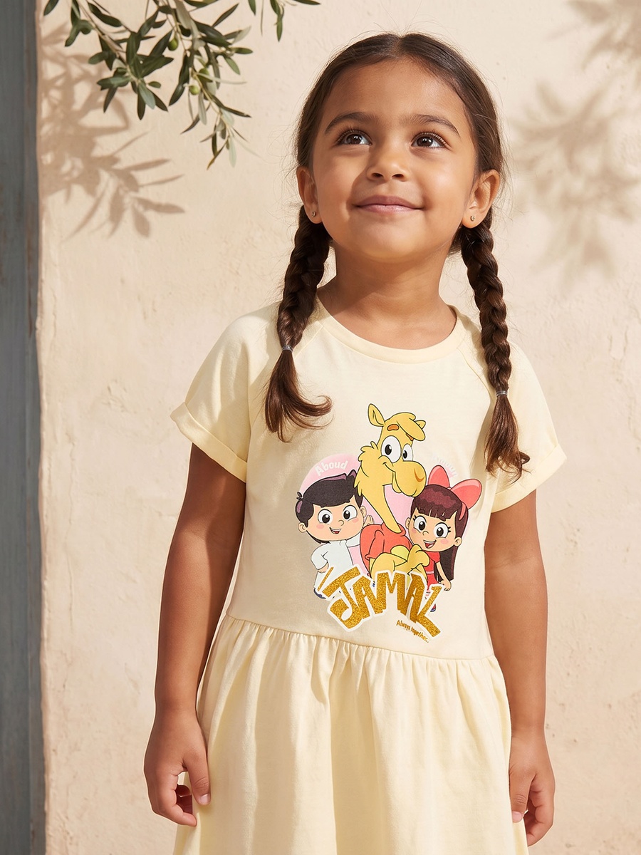 Round Neck Short Sleeves Knee Length A-Line Dress with Jamal the Camel Print