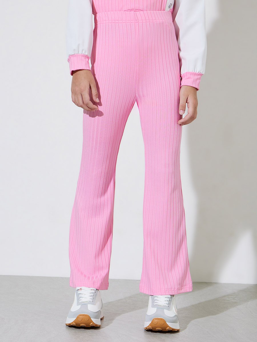 Girls Pink Color Block Ribbed Top and Flared Pants Set