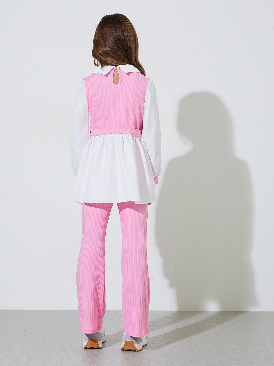 Girls Pink Color Block Ribbed Top and Flared Pants Set