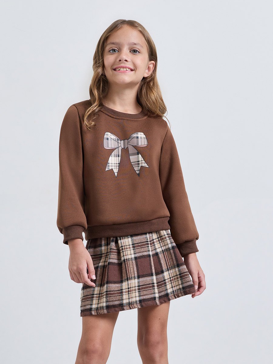 Girls Brown Plaid Skirt and Sweatshirt Set