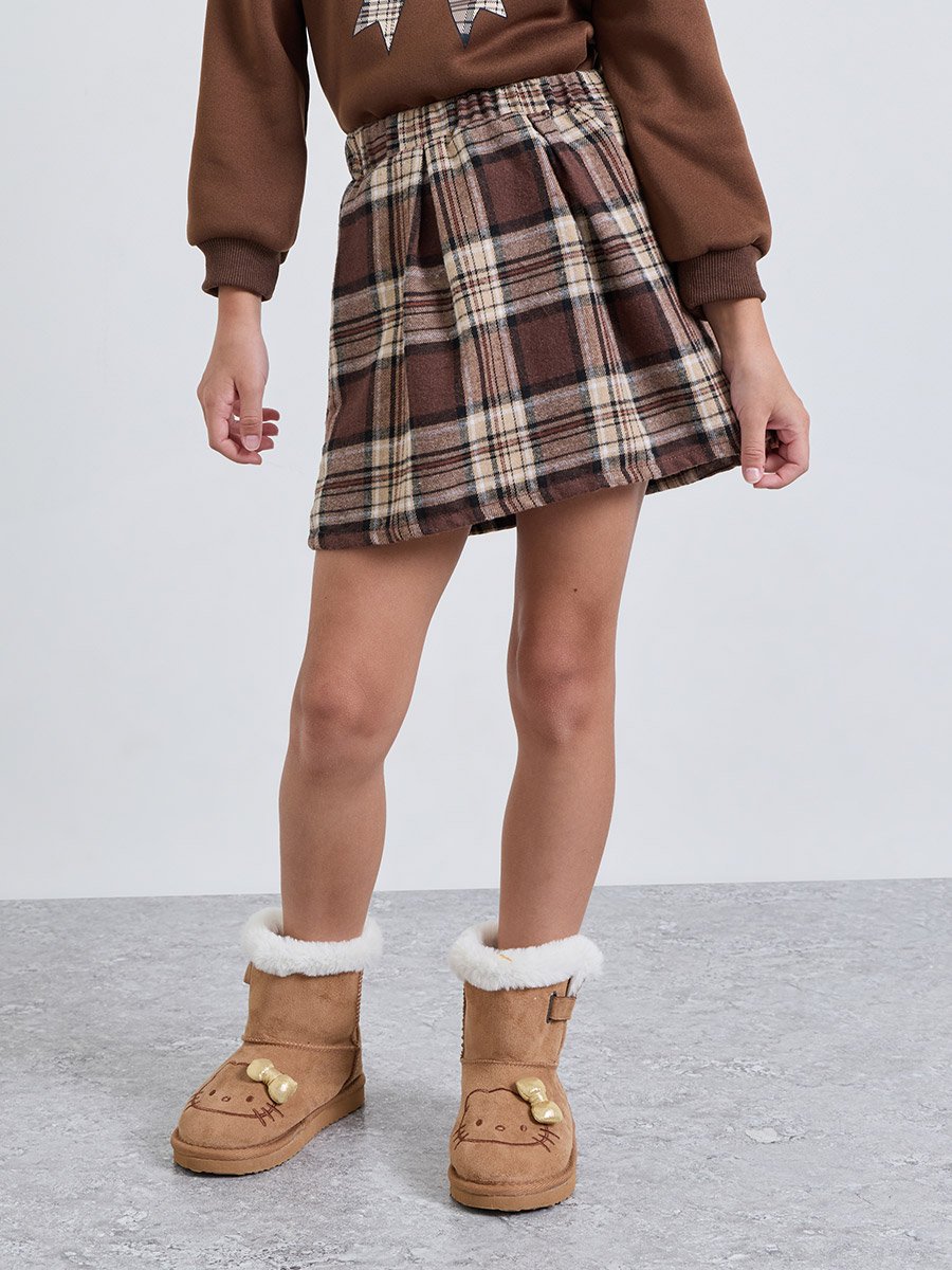Girls Brown Plaid Skirt and Sweatshirt Set