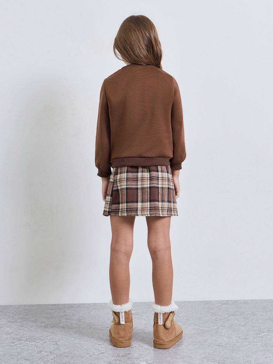 Girls Brown Plaid Skirt and Sweatshirt Set