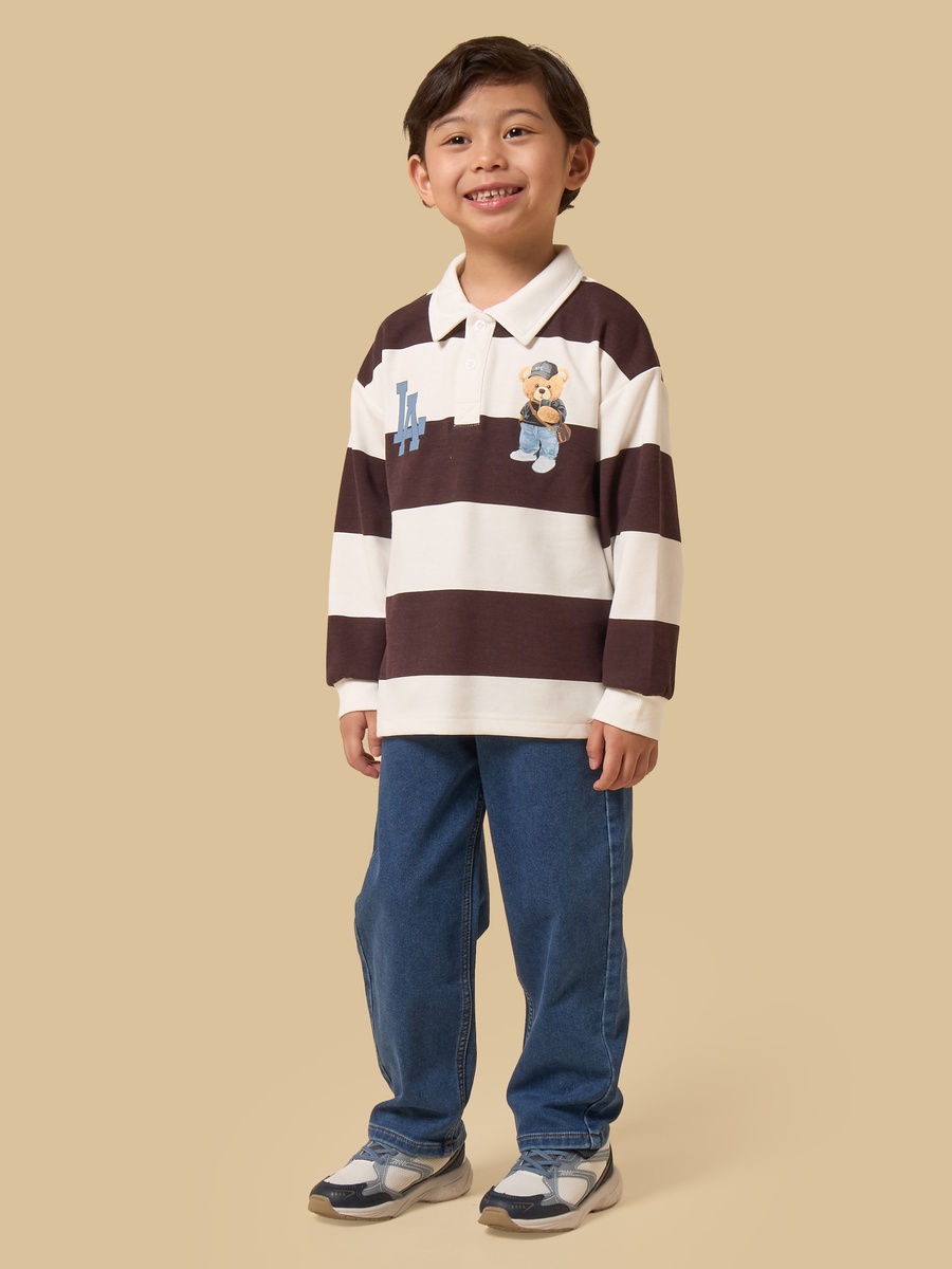 Bear Print Striped Cotton Polo T-Shirt