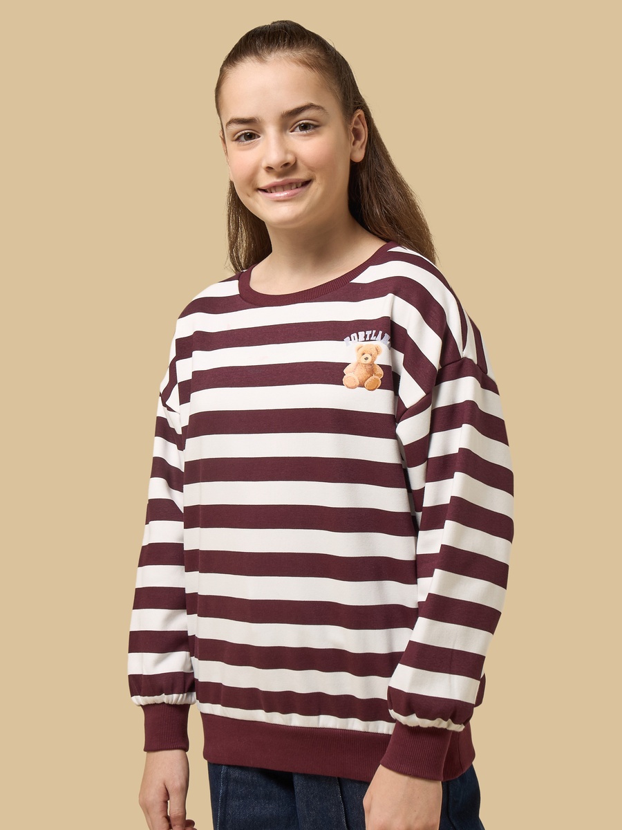 Striped Teddy Print Oversized Sweatshirt