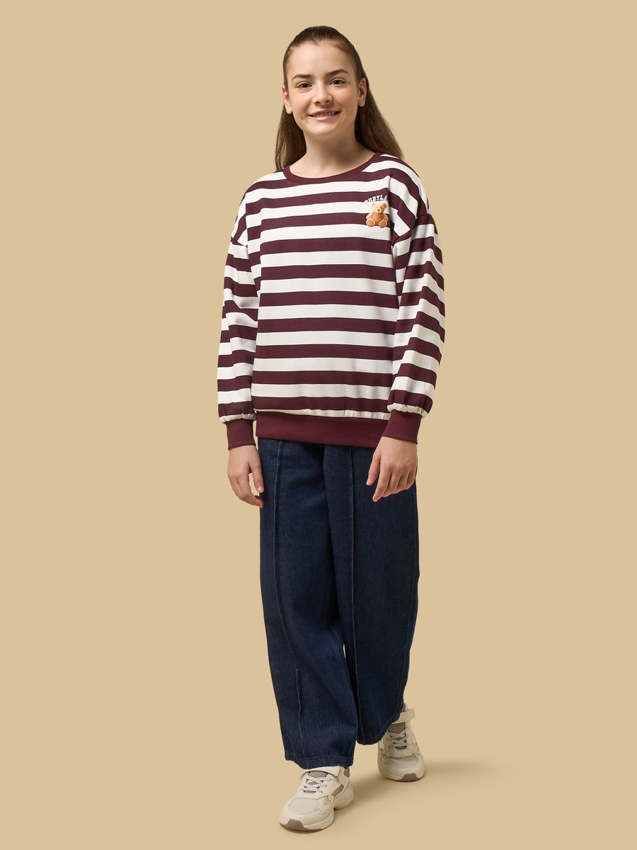 Striped Teddy Print Oversized Sweatshirt