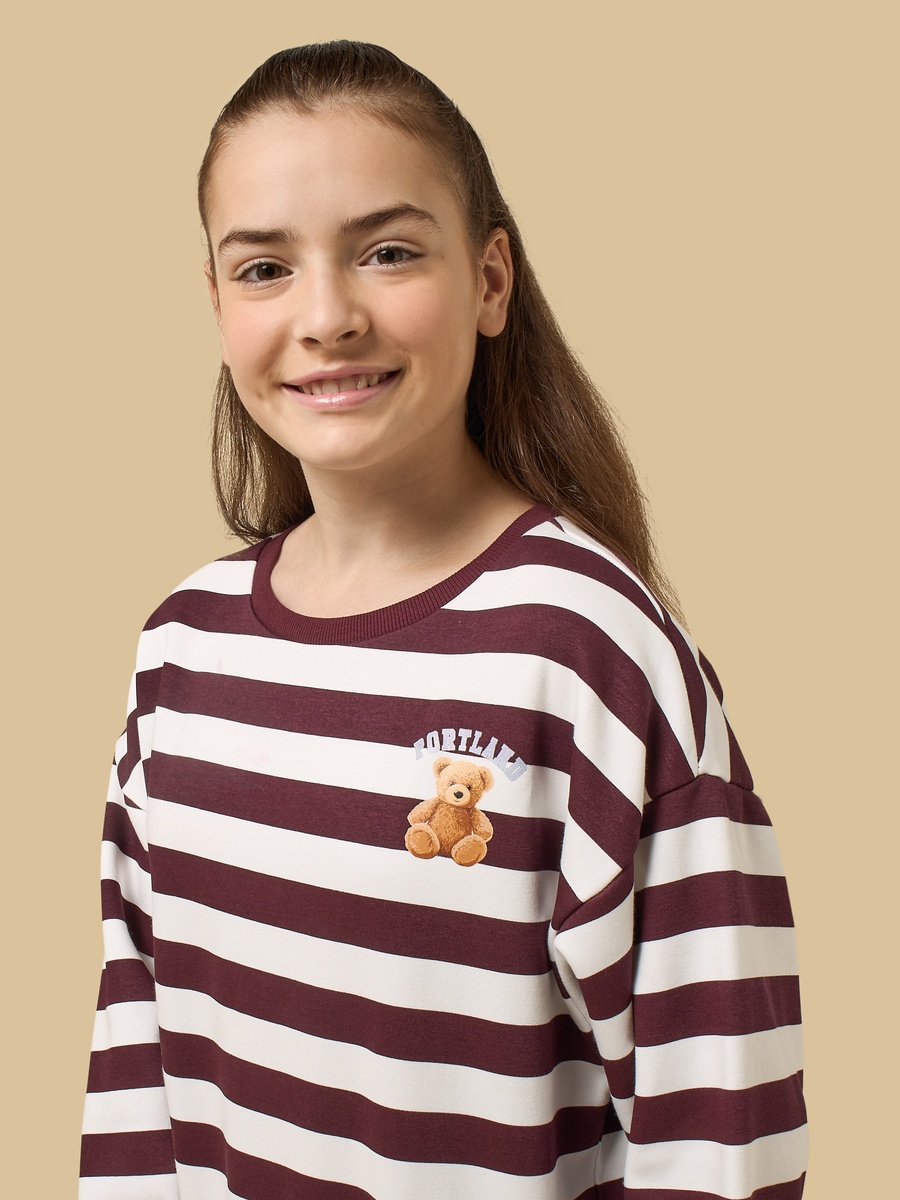 Striped Teddy Print Oversized Sweatshirt