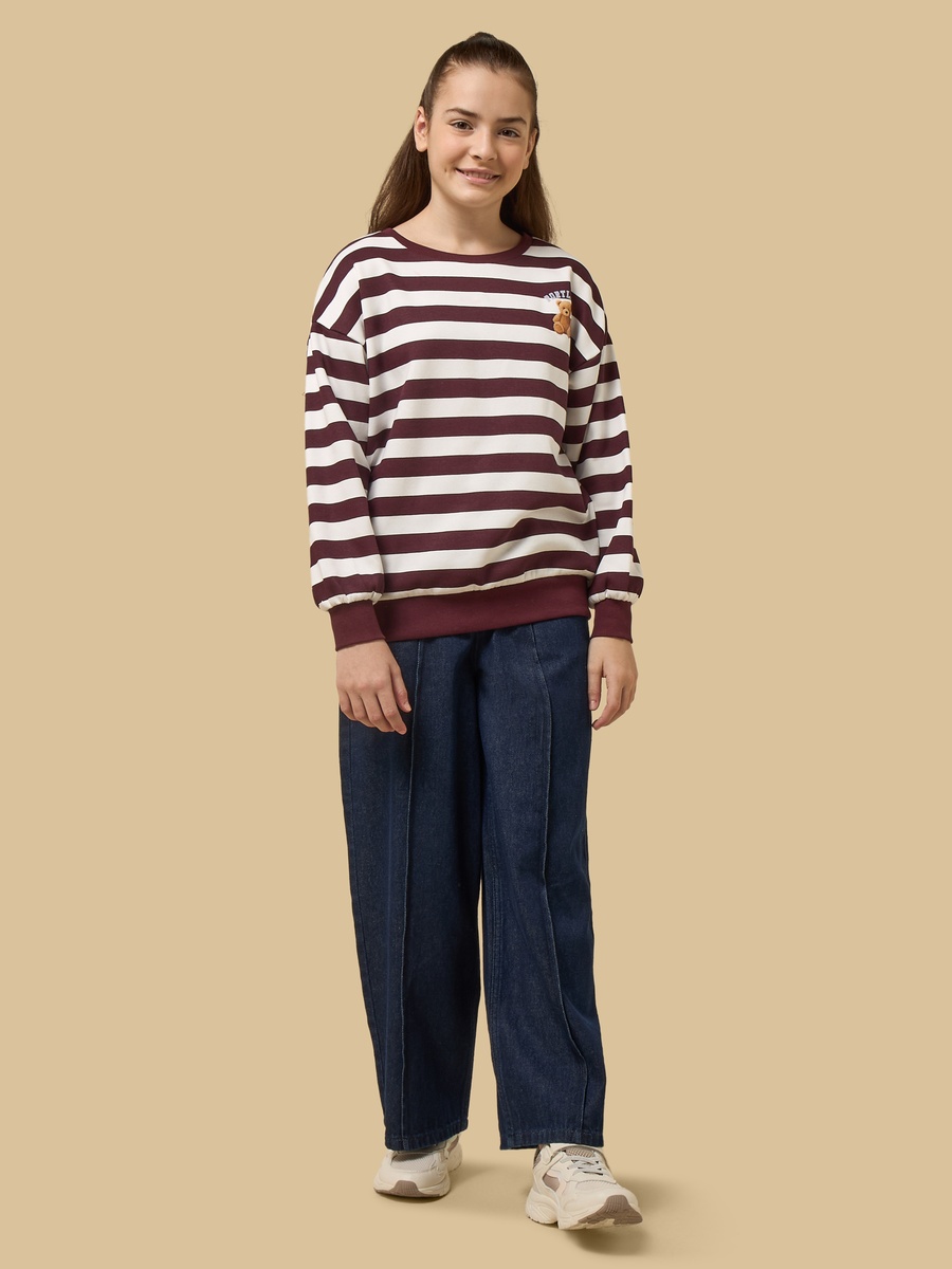 Striped Teddy Print Oversized Sweatshirt