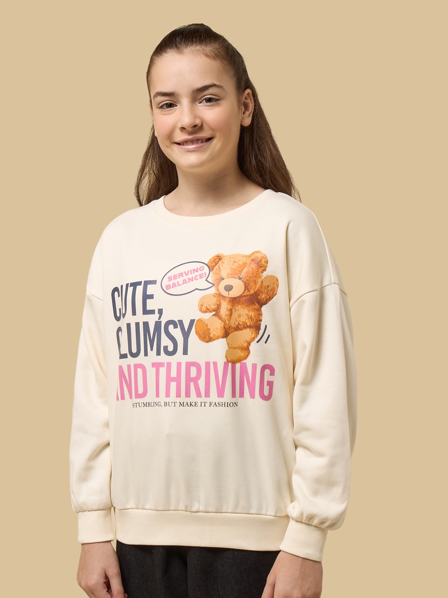Teddy Bear Print Cotton Oversized Sweatshirt