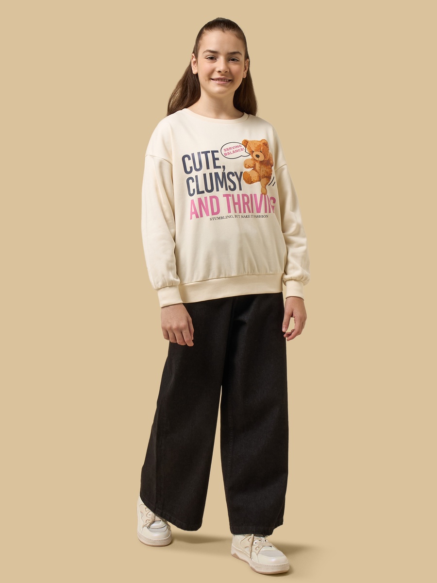 Teddy Bear Print Cotton Oversized Sweatshirt