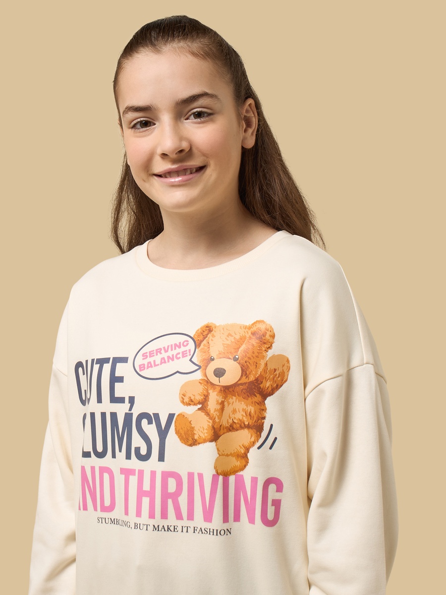 Teddy Bear Print Cotton Oversized Sweatshirt