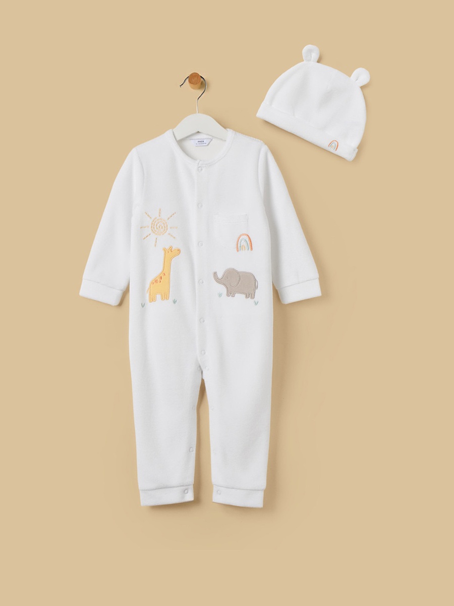 Embroidered Velour Sleepsuit with Cap